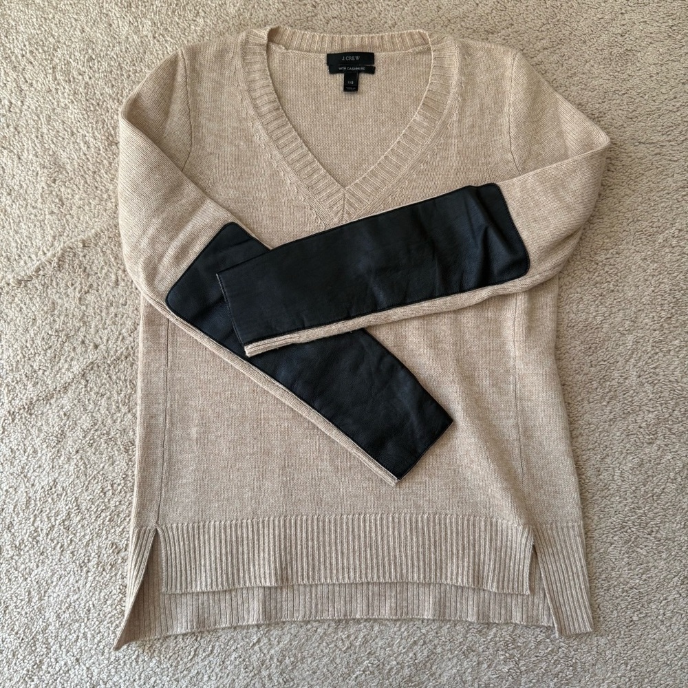 J.Crew tan sweater with black leather sleeve pads